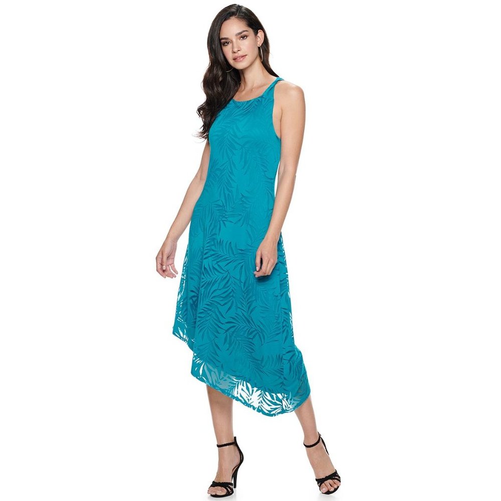 NWT Womens Size Large Jennifer Lopez Teal Asymmetrical Palm Print Tank Dress